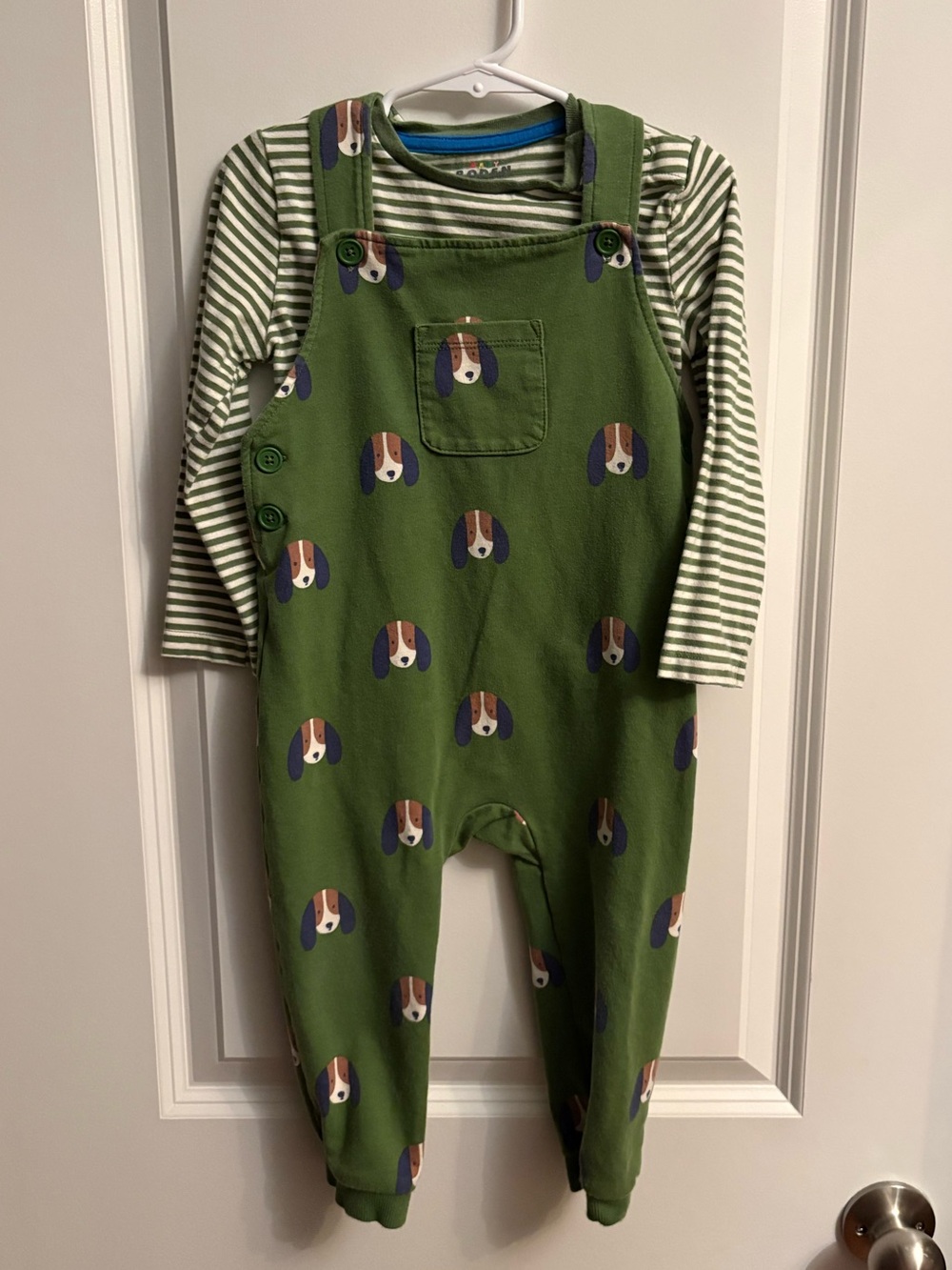 Baby Boden Green Animal Print Overalls & Striped Shirt 2–3Y